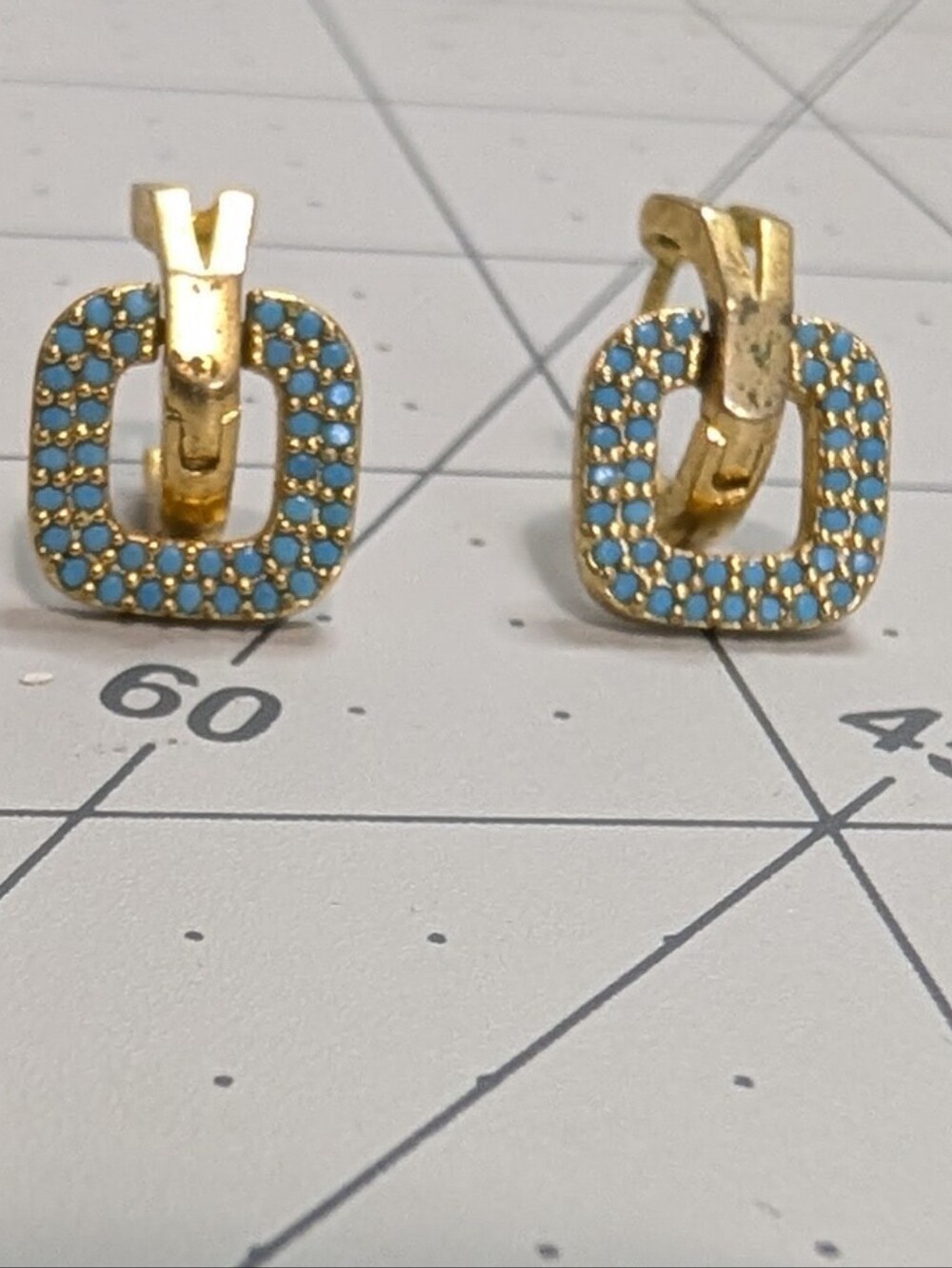 Girls Crew Gold Hoop Square Drop Earrings with Blue Stone